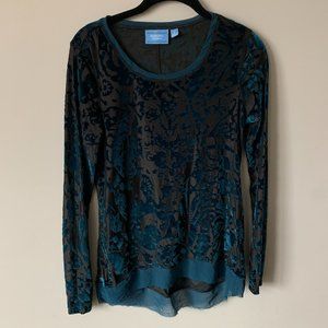 Vera Wang Long Sleeve Top - Black Sheer with Blue / Turquoise Velvet Pattern